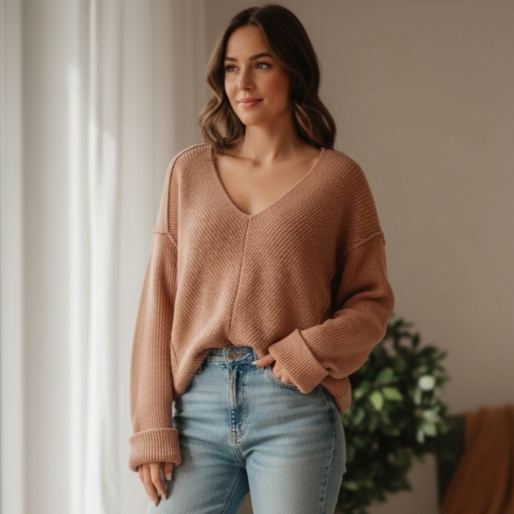 Renee C. Nordstrom Cozy Textured Knit Long Sleeve V-Neck Tan Sweater NWT Small